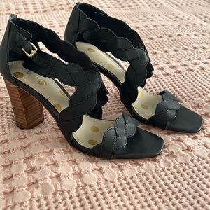 Classic Boden navy heels. Leather soles. Worn twice. Braided leather detailing.